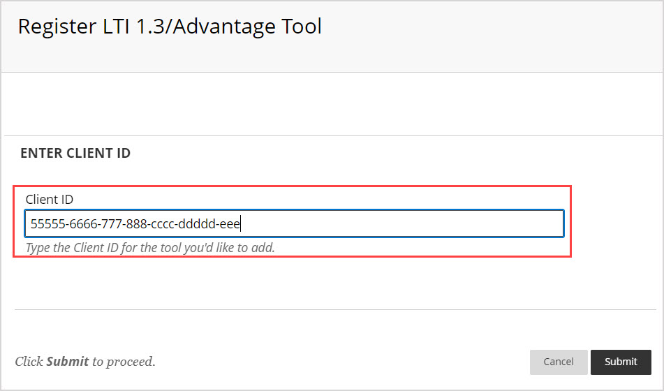 On the Register LTI 1.3/Advantage Tool page, the alphanumeric string is entered into the Client ID text field.